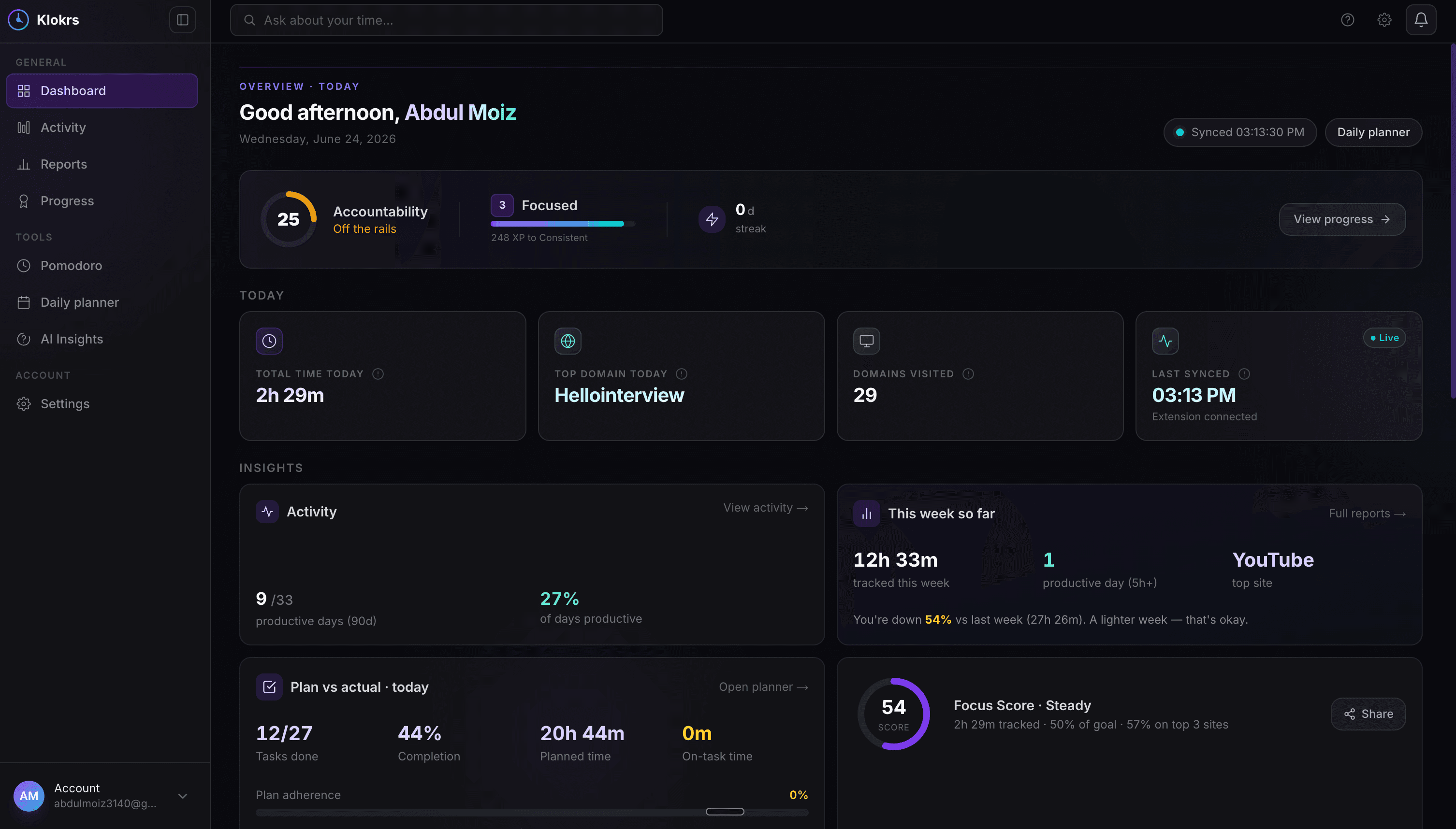 Klokrs dashboard showing accountability score, focus score, activity heatmap, and plan vs actual tracking